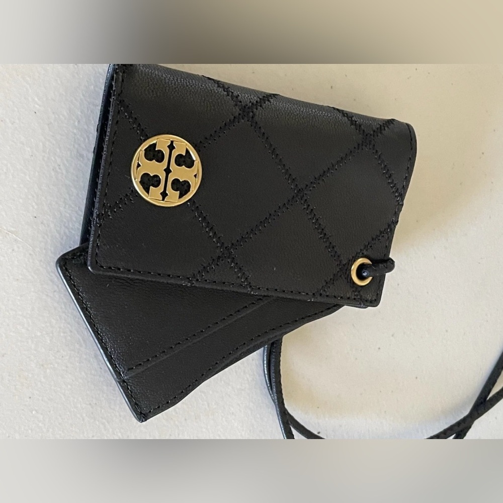 Tory Burch Willa Black Quilted Card Lanyard Holder with Gold Logo